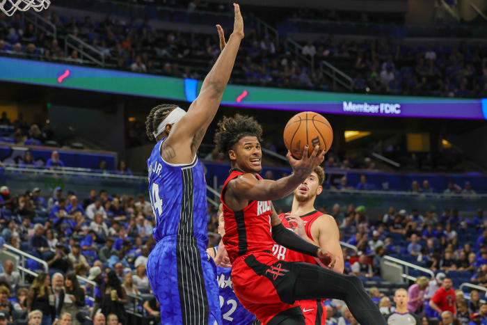 Rockets guard Jalen Green shoots the ball against Orlando Magic center Wendell Carter Jr. (34) during the second half at Amway Center.